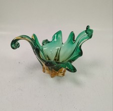Vintage Murano Style Green Amber Art Glass Bowl Centerpiece