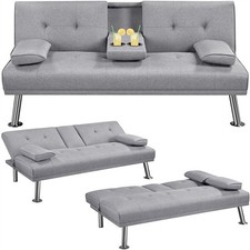 Fabric Upholstered Convertible Sofa Bed for Small Spaces with 2 Cup Holders Grey