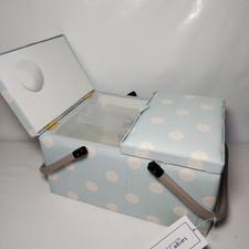 Large Light Blue Fabric Sewing Box Organizer Basket Craft Twin Lid New Handles