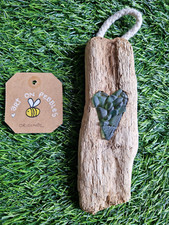 Handmade driftwood & English sea glass hanging decoration Green tiny glass heart