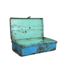 Vintage Azure Blue Indian Iron Train Trunk 1930s Painted Railway Chest
