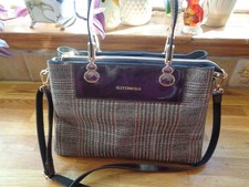 SILVER&POLO SHOULDER & HAND BAG  CHECK FABRIC WITH BROWN LEATHER HANDLES