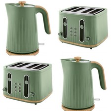 Kettle and 4 Slice Toaster Set Wooden Effect Green Scandi FREE DELIVERY