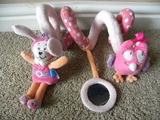 TEX BABY PINK DOG RATTLE OWL SQUEAK MIRROR BABY COT PRAM SPIRAL ACTIVITY TOY 