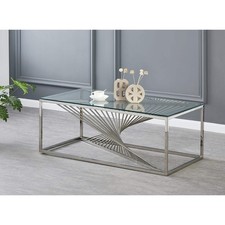 Coffee Table Silver Clear Glass Stainless Steel Base Spiral Frame Rectangle Top