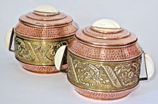 PAIR OF VINTAGE ART DECO BEATEN COPPER BRASS BAKELITE TEA CADDY ALUMINIUM LINERS