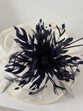 Jacques Vert Fascinator Headband Navy Blue Feathers Cream Sinamay Wedding Races