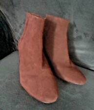 H&M DARK TAN BROWN REAL SUEDE BLOCK HEEL BACK ZIP ANKLE BOOTS UK 4 EU 37 GC
