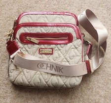 Ochnik ~ beige quilted "Wilga" logo/ irredecent red patent leather cross-bod bag