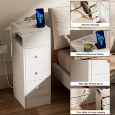 Narrow Bedside Table w/3 Drawers Wood Side Cabinet Nightstand w/Charging Station