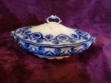 Antique Grindley Haddon Flow Blue Covered Vegetable Dish / Tureen
