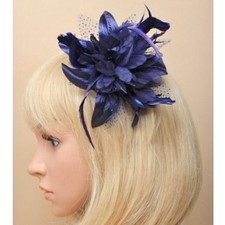 Navy Blue Feather Flower Design Fascinator on Clear Comb - Weddings/ Races/ Prom