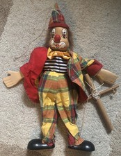 Vintage 16” Wooden Marionette Clown Puppet On Strings Need Untangling