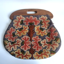 Vintage Crewel Tapestry Bag Wooden Top Handles Handmade Felt Wool