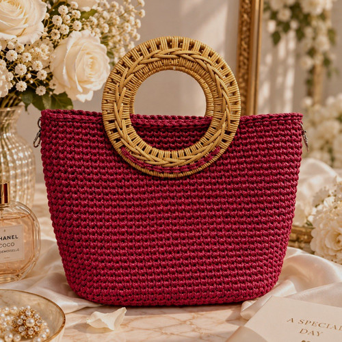 Burgundy crochet woven rattan - burgundy,