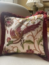 Crewel Hand Embroidered Wool/Cotton Cushion Cover 40x40cm  With Luxurious Fringe