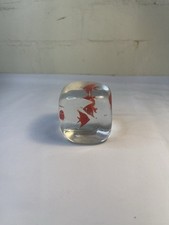 Square Glass Aquarium Paperweight Red Fish Bubbles Murano Style Cube