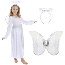 GIRLS CHILDS ANGEL CHRISTMAS NATIVITY PLAY FANCY DRESS COSTUME WINGS DRESS HALO