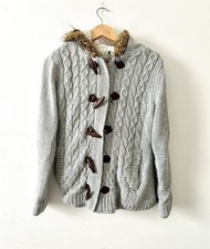 Retro Ski Holiday Faux Fur Grey Cable Knit Fluffy Hood Fleece Cardigan Size 12