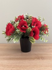 Poppies-grave Artificial/Silk flower arrangement in grave memorial pot FREE P&P