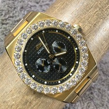 GLD Alpha Era Men Black Dial Day Date Gold Tone Pave Quartz 42mm Watch 7 3/4"