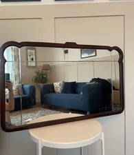 1940s Art Deco Scalloped Mirror Oak Framed Cloud Wall Hanging Chain Large Vtg