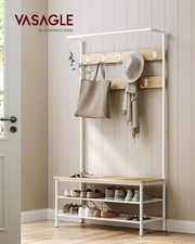 Large Coat Rack Stand Hall Tree VASAGLE 9 Hooks Shoe Rack Hanging Rail Oak White