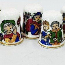7 VTG ST. GEORGE ENGLAND Monday’s Child Etc Nursery Rhyme Bone China Thimble set