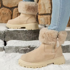 Temu Women's Beige Fleece-Lined Chunky Boots with Trim, Rubber Sole,Zip Closure 