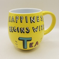 Clintons Yellow Barrel Mug 'Happiness Begins With Tea' Cheerful Morning 