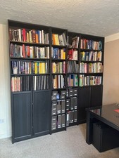 Set of IKEA Billy bookcases, black oak effect with sprung doors and extensions