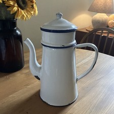Vintage French Enamel Coffee Pot.  White and Blue 1930s