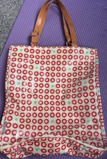 Orla Kiely Book Bag Oil Skin Red Flower Blue Dot, Leather Handles Used