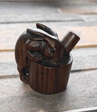 Vintage Signed Japanese Hand Carved Wood Netsuke Rabbit Hare Boxwood 