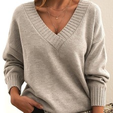 Women Long Sleeve Cozy Knitted Sweaters Ladies Knitwear V Neck Work Jumper Tops