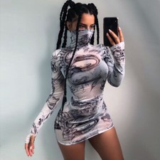 dress dragon Printed High Neck Mesh Party dress S-L dress Woman Long Sleeve Mesh