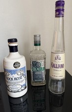 Rock Rose Gin, Olmeca Tequila, Galliano, 3 unusual empty spirit bottles.