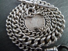 Antique Chunky Graduated Solid Silver Albert Pocket Watch Chain + 1844 Coin