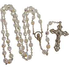 Rosary Crystal Beads and Silver Tone Crucifix and Virgin Mary Medal