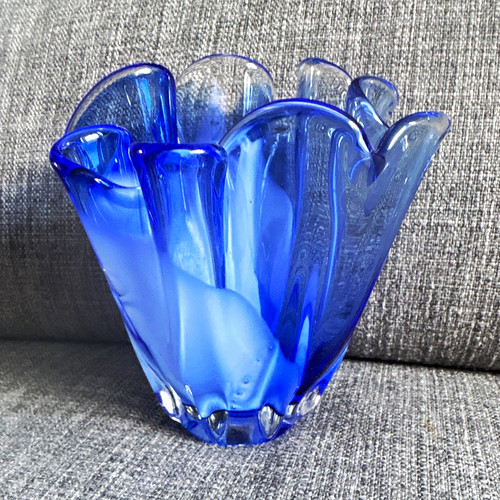 Blue white art glass vase - white,