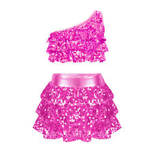 Girls Sparkly Sequins Dance Outfit Crop Top with Tiered Skirt Jazz Latin Costume