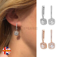 Silver Rose Gold Plated Cubic Zirconia Halo Drop Dangle Lever Back Earrings UK