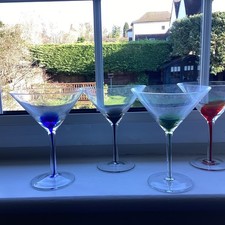  Four Large Hand Made Martini/Cocktail Glasses Coloured