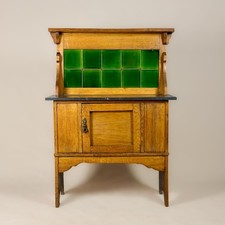 Arts and Crafts Oak Marble-Top Washstand with Green Tiled Back