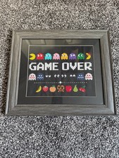 PacMan Arcade Wall Decor - Framed Handmade Cross Stitch - Game Over Home Bar