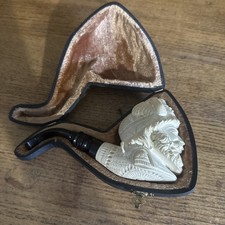 Meeschaum Carved Pipe. Viking Head Large with Case . Block Meerschaum