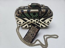 Biba Black & Gold Art Deco Metal Hard Case Clutch Bag & Chain Vintage Glam *BNWT