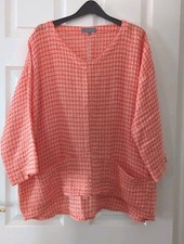 Sahara Tunic Top Size S/M 100% Linen Orange & White Waffle Oversized Pockets 