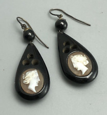 Victorian Natural Whitby Jet Cameo Hook Earrings c1880 BZX