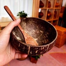 Coconut Bowl Set Handmade Bowls Natural Spoon Wooden Breakfast Salad Smoothie UK